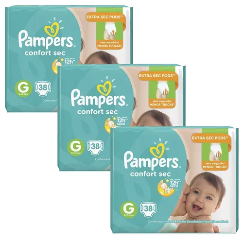 Kit Com 3 Fraldas Pampers Confort Sec G Com 114 Unidades