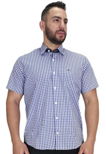 Camisa Masculina Fast Back Manga Curta Xadrez Grande Azul