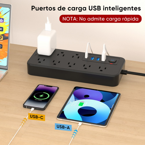 Multicontacto De 8 Tomas Con Usb Color Negro Largo Del Cable De 2m 10a