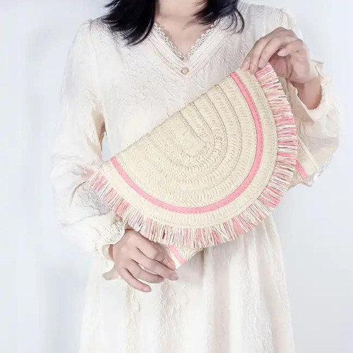 Bolso De Playa Tote Bag Cartera De Mujer Tejida A Mano Paja Acabado De Los Herrajes Dorados Color Beige Con Rosa Correa De Hombro Marrón Diseño De La Tela Tejido