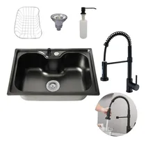 Comprar Cuba De Pia Gourmet Aço Inox 60x42 Completa Com Acessórios Para Cozinha + Torneira Misturador Monocomando Extensível Preto Acabamento Fosco Brinovar