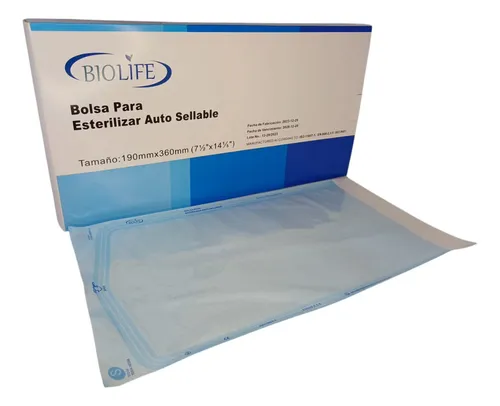BOLSA AUTOSELLADO PARA ESTERILIZACION 190 MM X 360 MM (PAQ X200) BIOLIFE 0 x 200 Bolsa autosellable para esterilización de instrumentos médicos, fabricada con papel grado médico y película plástica transparente. Incorpora indicadores de proceso para vapor y óxido de etileno, que c