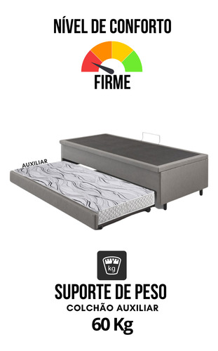 B&G Bicama Box Baú Solteirão Courino Linho Cinza 96x203 com Colchão Auxiliar Ecoflex