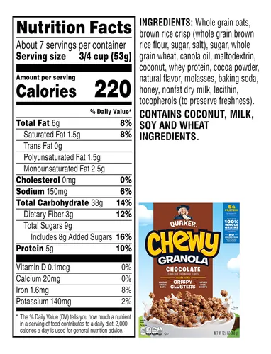 Quaker Cereal De Desayuno De Granola Masticable, Chocolate,