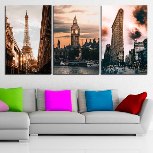 Cuadros Triptico Torre Eiffel Big Ben Skyline (120x60cm)