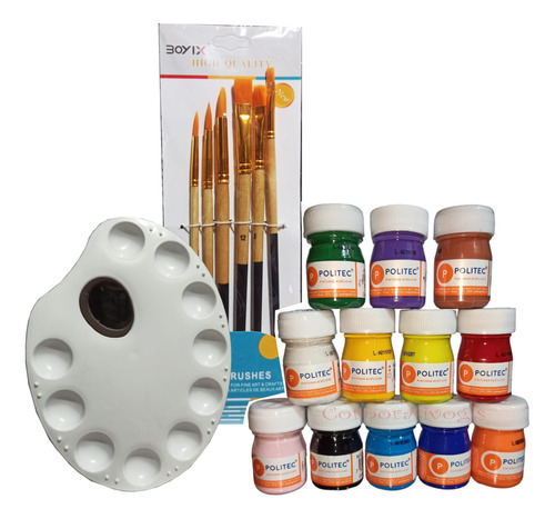 Kit Godete Pintura Politec Acrilica Y Pinceles Arte Escolar