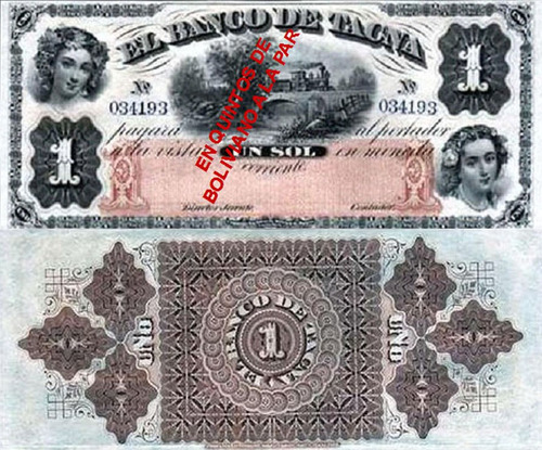 Billete Facsimilar 1 Sol Banco D Tacna Bajo Ley Chilena 1884