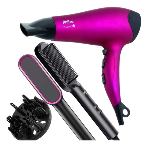 Secador De Cabelo Philco 3700 Ion Pro Preto + Escova Magica