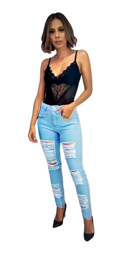Imagem 1 de 5 de Calça Feminina Jeans Rasgada Desfiada Cintura Alta Blogueira