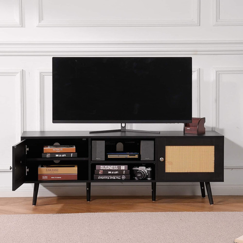 Mueble De Tv Ratán 65 PuLG Toma De Corriente Color Negro