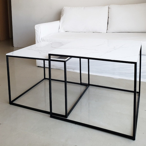 Imagen 2 de 8 de Mesa Ratona Auxiliar Apoyo Lateral Nido Hierro Simil Mármol