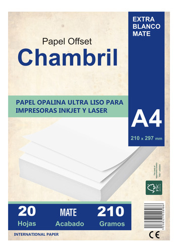 Papel Opalina 210 Gr A4 Chambril Cartulina Inkjet Gramos X20