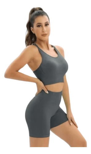Set Deportivo Para Mujer 2 Piezas. Top Y Short Licra Gris Oscuro Ech