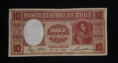 Billete Chile 10 Pesos Fechado 1945