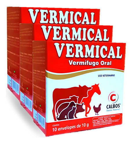 Vermical Vermífugo Pó Frangos Galinhas Porcos Cavalos 3 Cx.