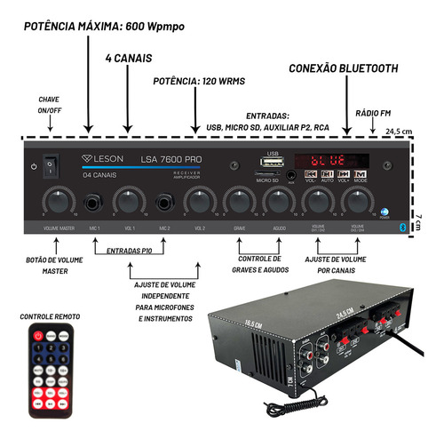 Módulo Amplificador Potência Para Caixa De Som Leson LS7600 PRO Cor Preto Potência De Saída Rms 120 W 127/220v