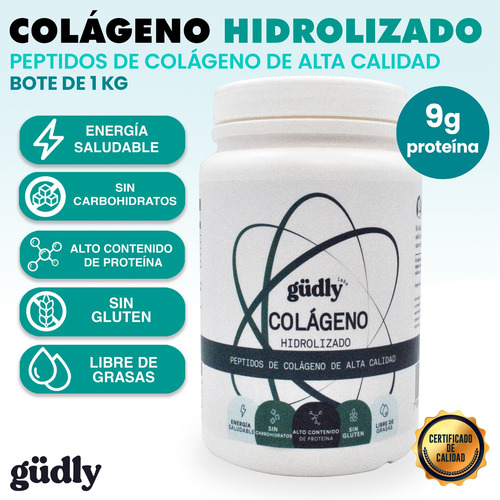Colágeno Hidrolizado Puro Gudly Labs 1 Kg Péptidos De Colágeno De Alta Calidad 9 Gramos De Proteína Pura Por Porción. 100 Tomas
