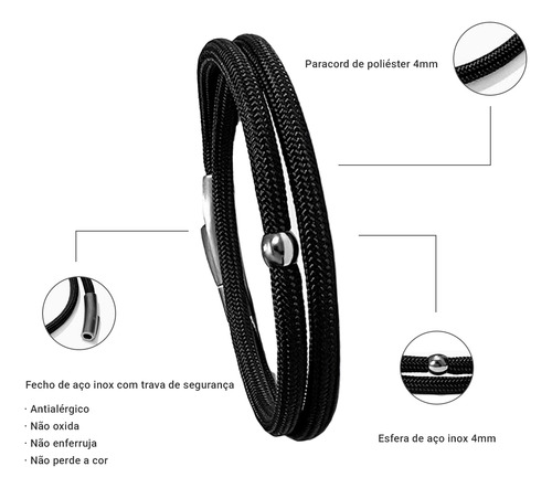 Pulseira Masculina De Corda Paracord Preto - Carter