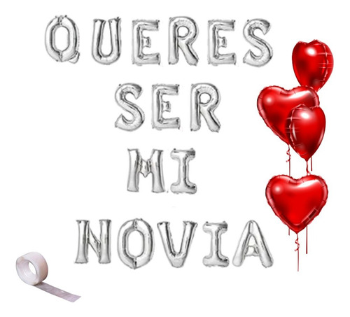 Queres Ser Mi Novia En Globos De 40 Cm + Corazones Plateado Y Rojo Novia