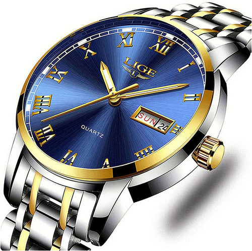 Relógio masculino de quartzo Lige LG9846h, 1,65 polegadas, prata pulsada, cor de fundo Dora, cor azul, pulseira, cor prateado/dourado, cor metal