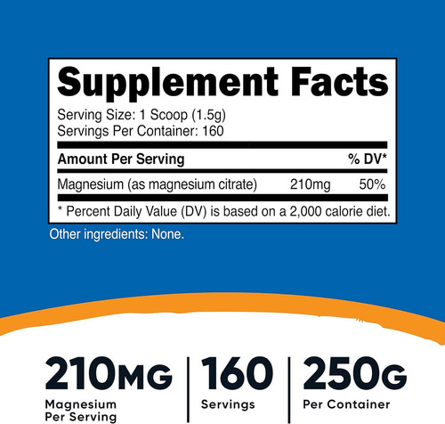 Citrato De Magnesio 210mg En Polvo 250g Apoyo A Relajación Sabor Sin Sabor