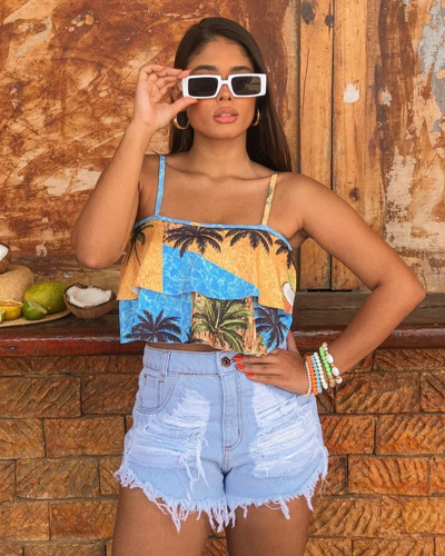 Imagem 2 de 3 de Shorts Jeans Praia Feminino Cintura Alta Manchado St010