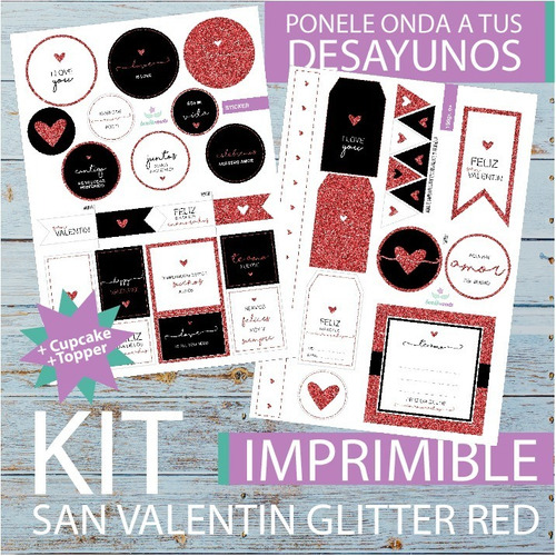 Kit Imprimible Desayuno San Valentin Enamorados Amor Glitter