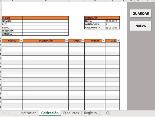 Planilla Excel Registro De Cotizacion