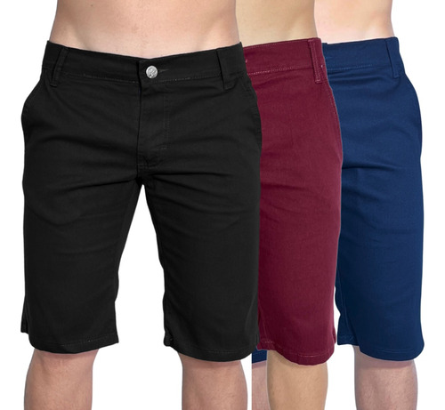 Kit 3 Bermudas De Sarja Masculina Lycra Cores Diversas 