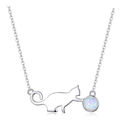 Collar Cadena Para Mujer Gato Juega Ópalo En Plata 925