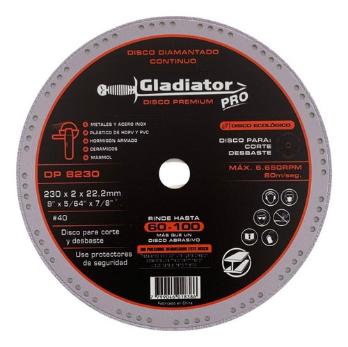 Disco Premium Diamantado 230mm Gladiator Pro - Dp8230 Color Negro
