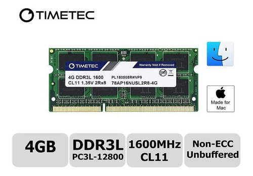 Imagen 1 de 7 de Memoria Ram Para Mac 4gb Ddr3 Pc3-12800 1600mhz Timetec