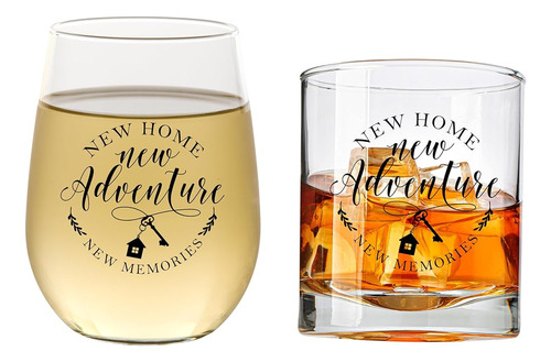 Set De Regalo De Vaso De Vino Y Whisky New Home New Adventur