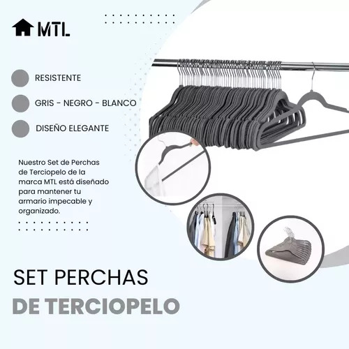 Set De Perchas Aterciopeladas X50 Unidades Antideslizantes Premium Reforzadas Mtl X25 Color Negro X25 Color Gris