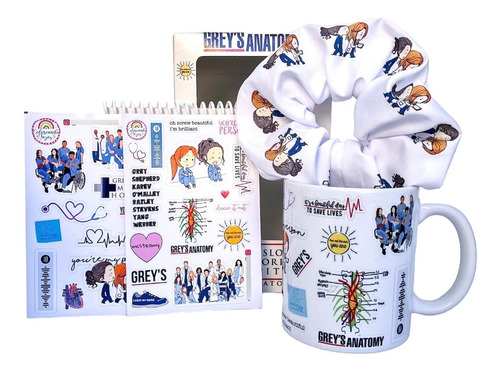 Box Greys Anatomy -ideal Regalo- Taza+ Scrunchie+ Anotador