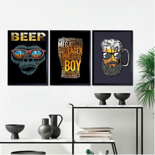 Set de 3 cuadros decorativos para bar Barbearia Beer Boy, 33 x 24 cm