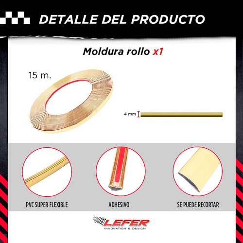 Imagen 3 de 7 de Moldura Cromada Dorada 4mm X 15metros Para Autos Decorativa