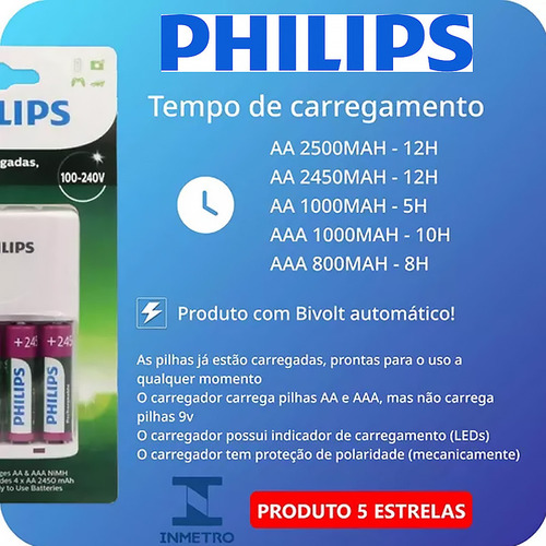 Kit 4 Pilhas Aa 2450 Bivolt Carregador Philips P/ Microfone