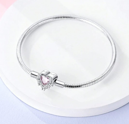 Pulsera Para Charms Plata Real S925, Corazón Rosa, Brazalete