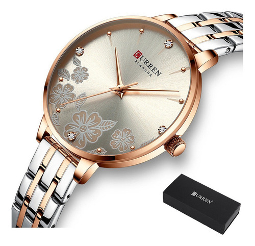 Reloj de cuarzo inoxidable Curren Diamond Fashion, color de fondo plateado y rosa