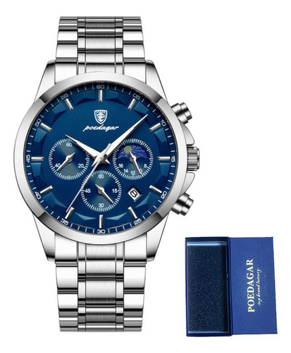 Reloj De Negocios Poedagar Luminous Chronograph Color De La Correa Azul Plateado