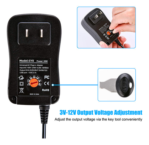 Adaptador De Energía Universal 30w Ca A Cc C/usb De 5v, 2.1a