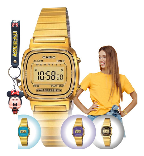 Relógio Feminino Casio Digital Dourado La670wga + Chaveiro Cor La670wga-9df - Dourado Cor Do Fundo Lcd - Positivo