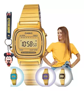 Reloj Casio Digital Gold para mujer LA670wga + Llavero en color LA670wga-9df, LCD de color de fondo dorado, positivo