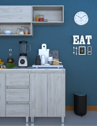 Cocina Integral Con Gabinete Inferior Y Alacena Decomobil Color Encino Polar - Mármol Blanco