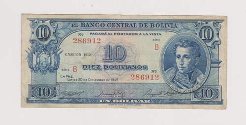 Billete Bolivia 10 Bolivianos Año 1945 Muy Bueno