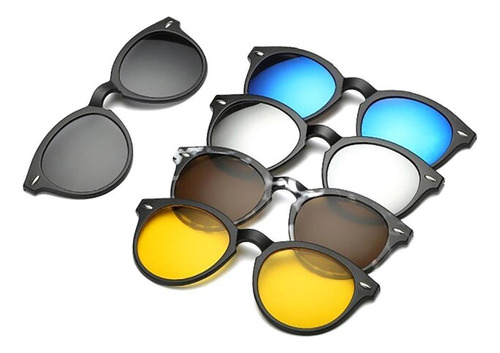 Jogo 5 Lentes P/ Óculos De Sol Clip On Magnético Reposição Cor 2205a (lentes) Armação Preto Lente Prateado