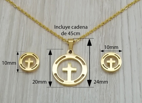 Imagen 3 de 4 de Juego Collar Y Aretes Diseño Cruz Chapa De Oro 22k M3134