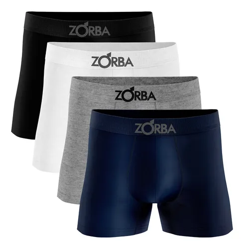 Kit com 4 cuecas boxer Zorba nas cores preta, branca, cinza e azul marinho, apresentadas em sobreposição com elástico personalizado da marca.