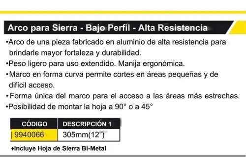 Arco Para Sierra Ergonómico Bajo Perfil Corte 55º 90